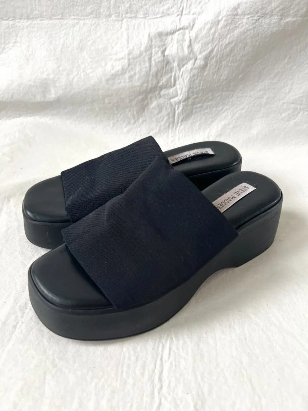 Steve Madden Slinky 30 slide sandals black mesh EU 38 womens 7 7.5 chunky wedge